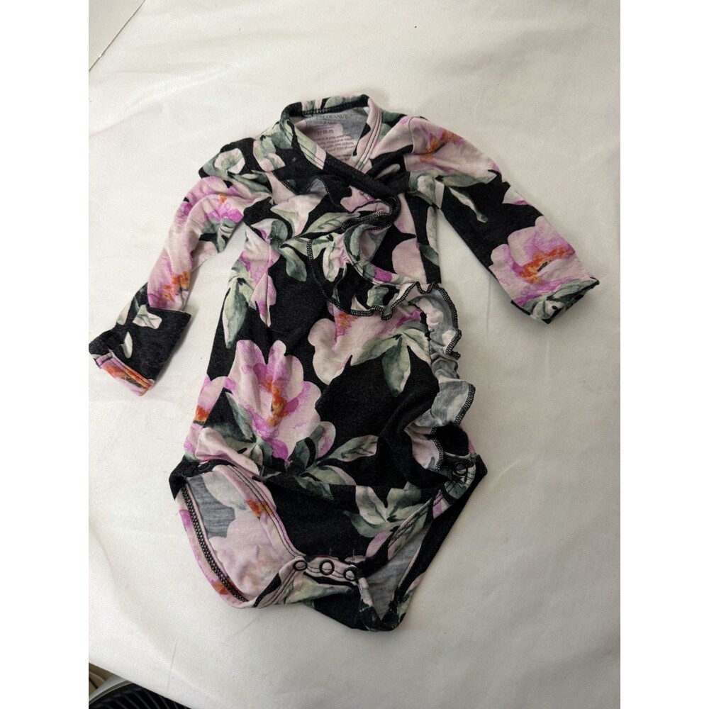 Posh Peanut Black Pink Rose Floral Long Sleeve Ruffle Bodysuit Bamboo 0-3 M